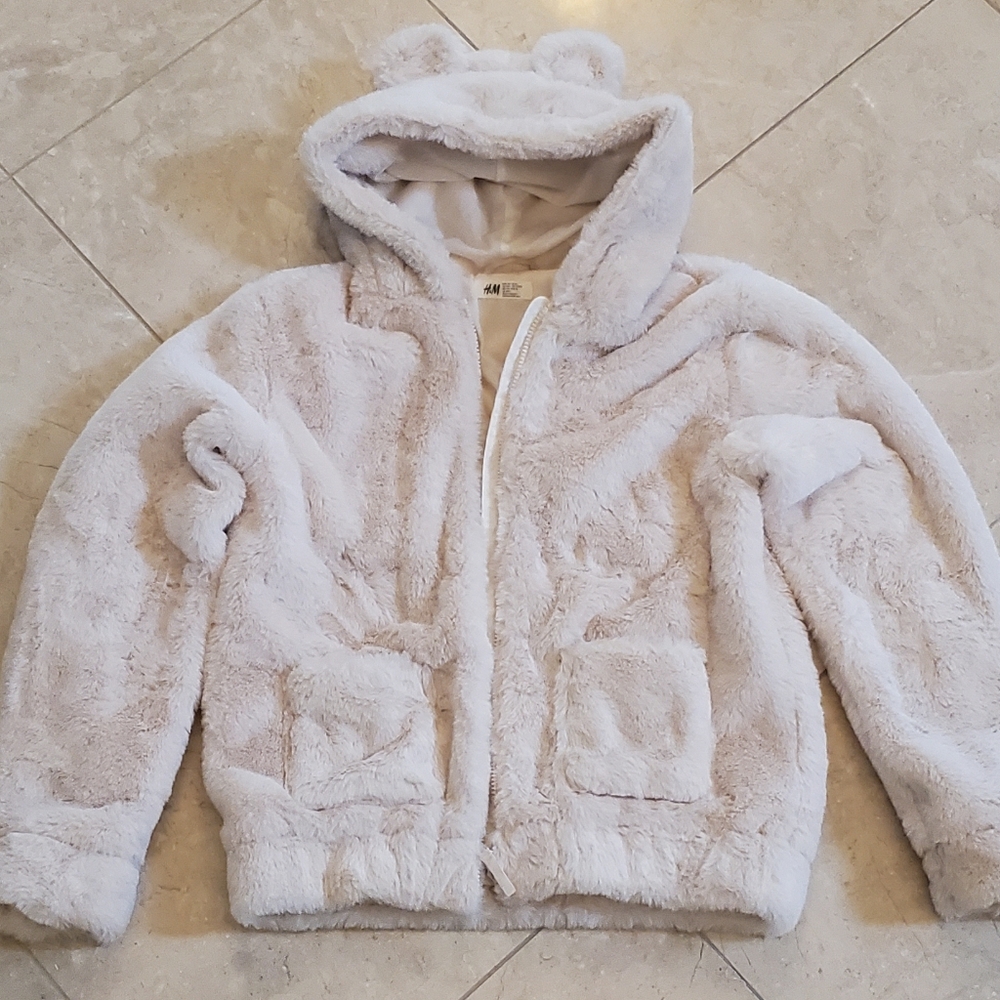 H&M FAUX FUR JACKET IN CREAM US 14
